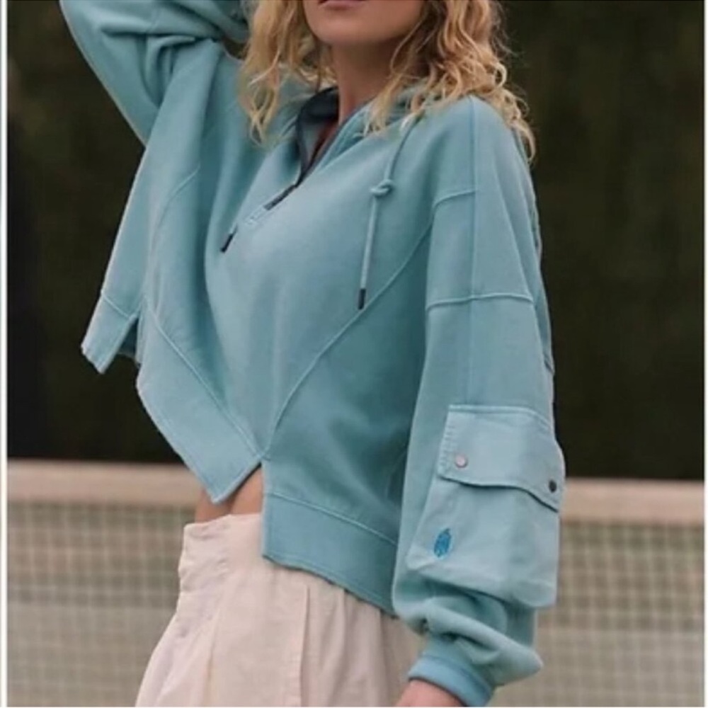 Free People Intercept 1/2 Zip Hoodie NWT XS Washed Light Blue Cargo